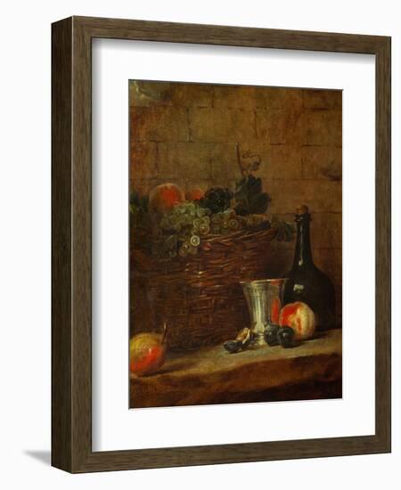 Fruit Basket with Grapes, a Silver Goblet and a Bottle, Peaches, Plums, and a Pear-Jean-Baptiste Simeon Chardin-Framed Giclee Print