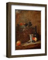 Fruit Basket with Grapes, a Silver Goblet and a Bottle, Peaches, Plums, and a Pear-Jean-Baptiste Simeon Chardin-Framed Premium Giclee Print