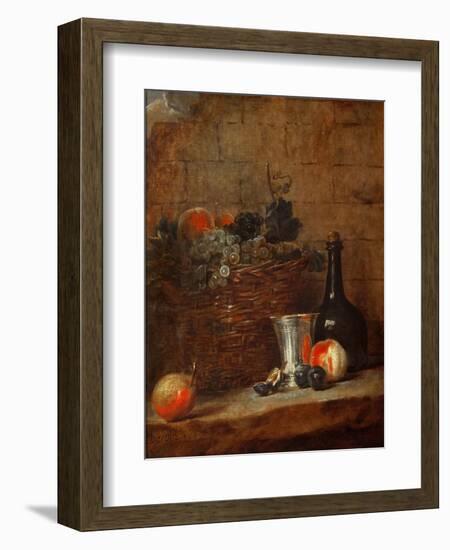 Fruit Basket with Grapes, a Silver Goblet and a Bottle, Peaches, Plums, and a Pear-Jean-Baptiste Simeon Chardin-Framed Premium Giclee Print