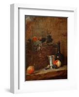 Fruit Basket with Grapes, a Silver Goblet and a Bottle, Peaches, Plums, and a Pear-Jean-Baptiste Simeon Chardin-Framed Premium Giclee Print