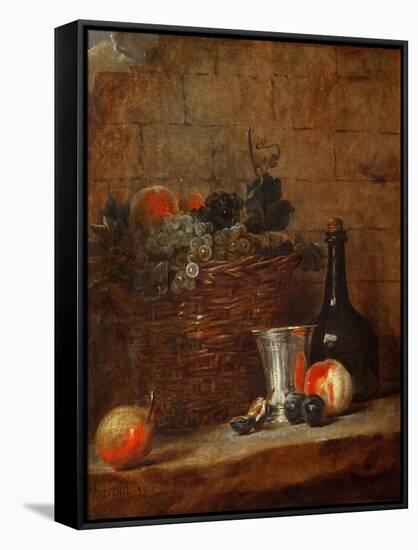 Fruit Basket with Grapes, a Silver Goblet and a Bottle, Peaches, Plums, and a Pear-Jean-Baptiste Simeon Chardin-Framed Stretched Canvas