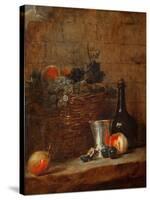Fruit Basket with Grapes, a Silver Goblet and a Bottle, Peaches, Plums, and a Pear-Jean-Baptiste Simeon Chardin-Stretched Canvas