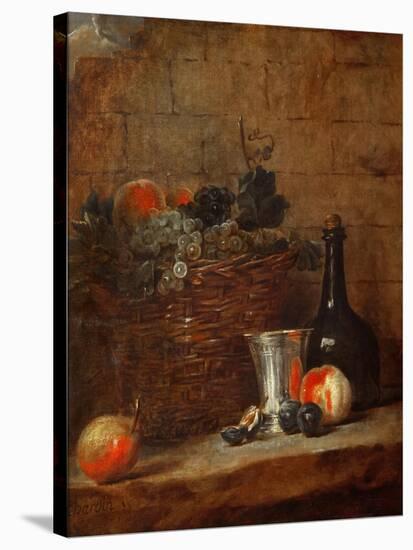 Fruit Basket with Grapes, a Silver Goblet and a Bottle, Peaches, Plums, and a Pear-Jean-Baptiste Simeon Chardin-Stretched Canvas