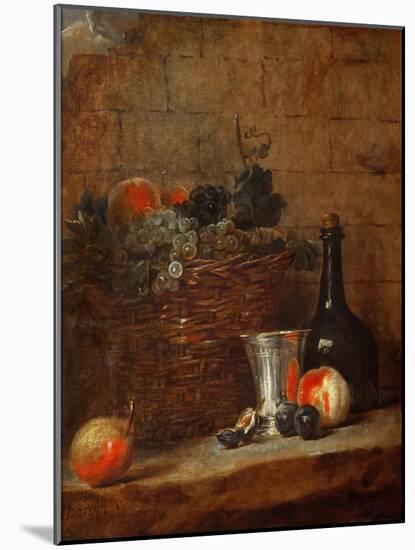 Fruit Basket with Grapes, a Silver Goblet and a Bottle, Peaches, Plums, and a Pear-Jean-Baptiste Simeon Chardin-Mounted Giclee Print