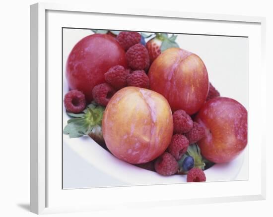 Fruit Bowl with Red Plums and Raspberries-Linda Burgess-Framed Photographic Print