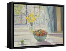 Fruit Bowl with Spring Flowers, 1990-Timothy Easton-Framed Stretched Canvas