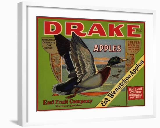 Fruit Crate Labels: Drake Brand Apples; Earl Fruit Company-null-Framed Art Print