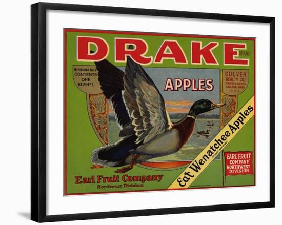 Fruit Crate Labels: Drake Brand Apples; Earl Fruit Company-null-Framed Art Print