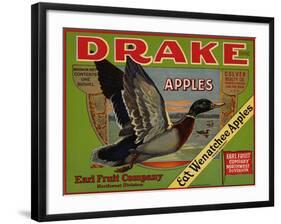 Fruit Crate Labels: Drake Brand Apples; Earl Fruit Company-null-Framed Art Print