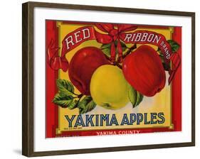 Fruit Crate Labels: Red Ribbon Brand Yakima Apples; Yakima County Horticultural Union-null-Framed Art Print