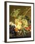 Fruit, Hazelnuts and Hollyhocks on a Marble Ledge-Jan van Huysum-Framed Giclee Print