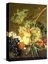 Fruit, Hazelnuts and Hollyhocks on a Marble Ledge-Jan van Huysum-Stretched Canvas