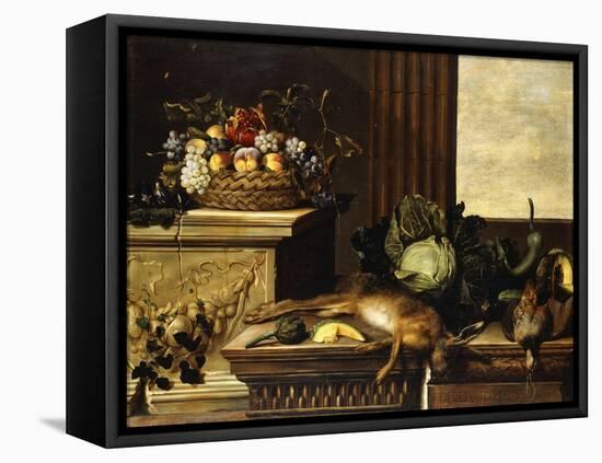 Fruit in a Wicker Basket with Figs on a Plinth-Pierre Dupuis-Framed Stretched Canvas