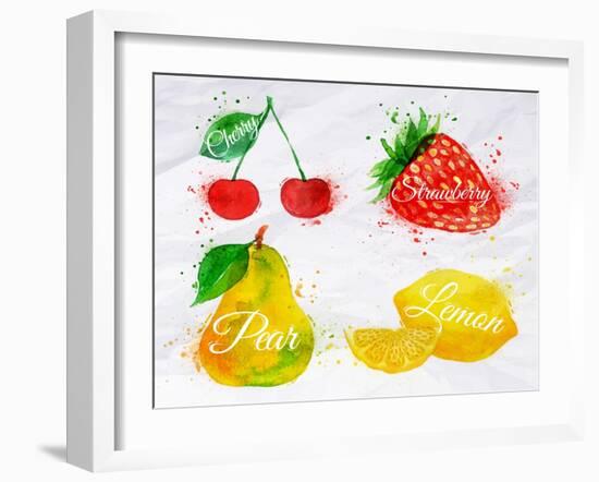 Fruit Watercolor Cherry, Lemon, Strawberry, Pear-anna42f-Framed Art Print