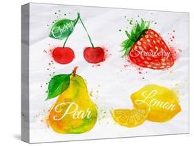 Fruit Watercolor Cherry, Lemon, Strawberry, Pear-anna42f-Stretched Canvas