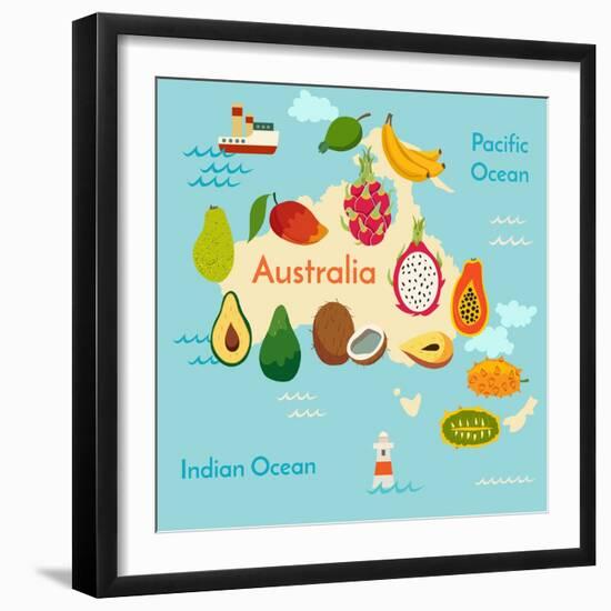 Fruit World Map Australia-coffeee_in-Framed Art Print