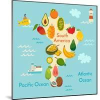 Fruit World Map South America-coffeee_in-Mounted Art Print