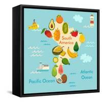 Fruit World Map South America-coffeee_in-Framed Stretched Canvas