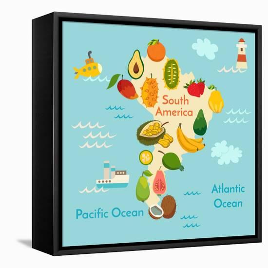 Fruit World Map South America-coffeee_in-Framed Stretched Canvas