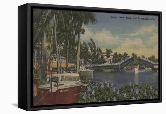 Ft. Lauderdale, FL - New River View & Drawbridge-Lantern Press-Framed Stretched Canvas