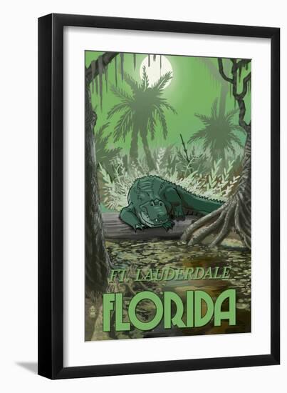 Ft. Lauderdale, Florida - Alligator in Swamp-Lantern Press-Framed Art Print