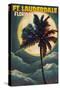 Ft. Lauderdale, Florida - Palms and Moon-Lantern Press-Stretched Canvas