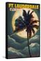 Ft. Lauderdale, Florida - Palms and Moon-Lantern Press-Framed Stretched Canvas