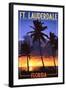Ft. Lauderdale, Florida - Palms and Sunset-Lantern Press-Framed Art Print