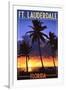 Ft. Lauderdale, Florida - Palms and Sunset-Lantern Press-Framed Art Print