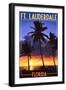 Ft. Lauderdale, Florida - Palms and Sunset-Lantern Press-Framed Art Print