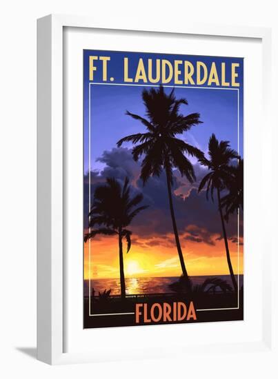 Ft. Lauderdale, Florida - Palms and Sunset-Lantern Press-Framed Art Print