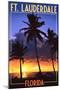 Ft. Lauderdale, Florida - Palms and Sunset-Lantern Press-Mounted Art Print