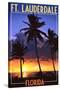 Ft. Lauderdale, Florida - Palms and Sunset-Lantern Press-Stretched Canvas