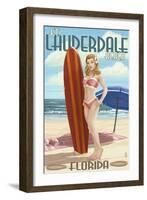 Ft. Lauderdale, Florida - Pinup Girl Surfing-Lantern Press-Framed Art Print