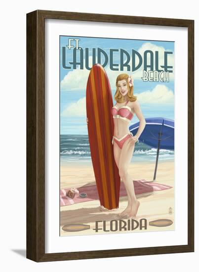 Ft. Lauderdale, Florida - Pinup Girl Surfing-Lantern Press-Framed Art Print