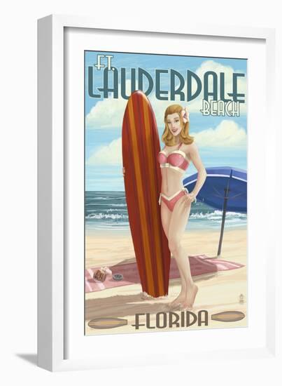 Ft. Lauderdale, Florida - Pinup Girl Surfing-Lantern Press-Framed Art Print