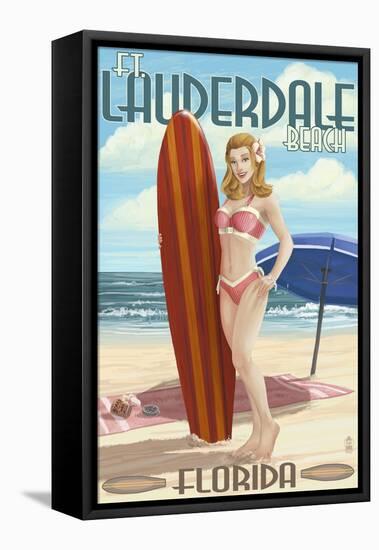 Ft. Lauderdale, Florida - Pinup Girl Surfing-Lantern Press-Framed Stretched Canvas