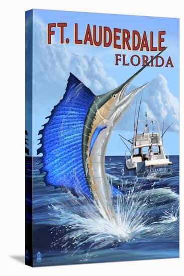 Ft. Lauderdale, Florida - Sailfish Scene-Lantern Press-Stretched Canvas