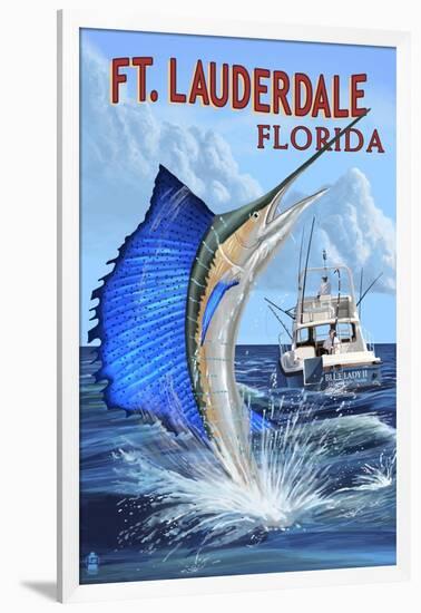 Ft. Lauderdale, Florida - Sailfish Scene-Lantern Press-Framed Art Print