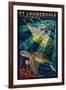 Ft. Lauderdale, Florida - Sea Turtle Paper Mosaic-Lantern Press-Framed Art Print