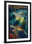 Ft. Lauderdale, Florida - Sea Turtle Paper Mosaic-Lantern Press-Framed Art Print