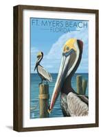 Ft. Myers Beach, Florida - Pelicans-Lantern Press-Framed Art Print