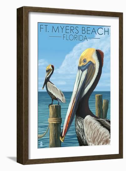 Ft. Myers Beach, Florida - Pelicans-Lantern Press-Framed Art Print