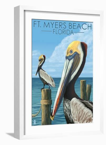 Ft. Myers Beach, Florida - Pelicans-Lantern Press-Framed Art Print