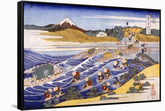 Fuji from the Ford at Kanaya (Colour Woodblock Print)-Katsushika Hokusai-Framed Stretched Canvas