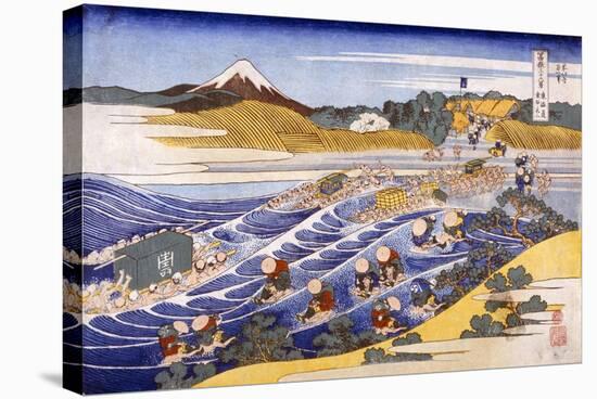 Fuji from the Ford at Kanaya (Colour Woodblock Print)-Katsushika Hokusai-Stretched Canvas