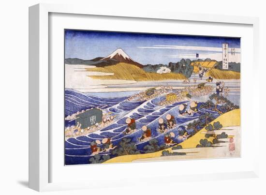 Fuji from the Ford at Kanaya (Colour Woodblock Print)-Katsushika Hokusai-Framed Giclee Print