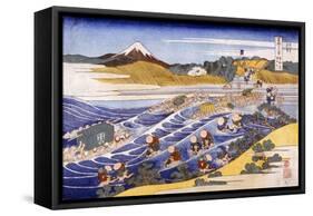 Fuji from the Ford at Kanaya (Colour Woodblock Print)-Katsushika Hokusai-Framed Stretched Canvas