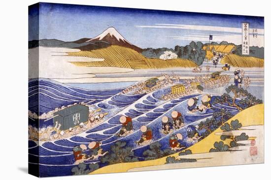 Fuji from the Ford at Kanaya (Colour Woodblock Print)-Katsushika Hokusai-Stretched Canvas