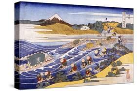 Fuji from the Ford at Kanaya (Colour Woodblock Print)-Katsushika Hokusai-Stretched Canvas